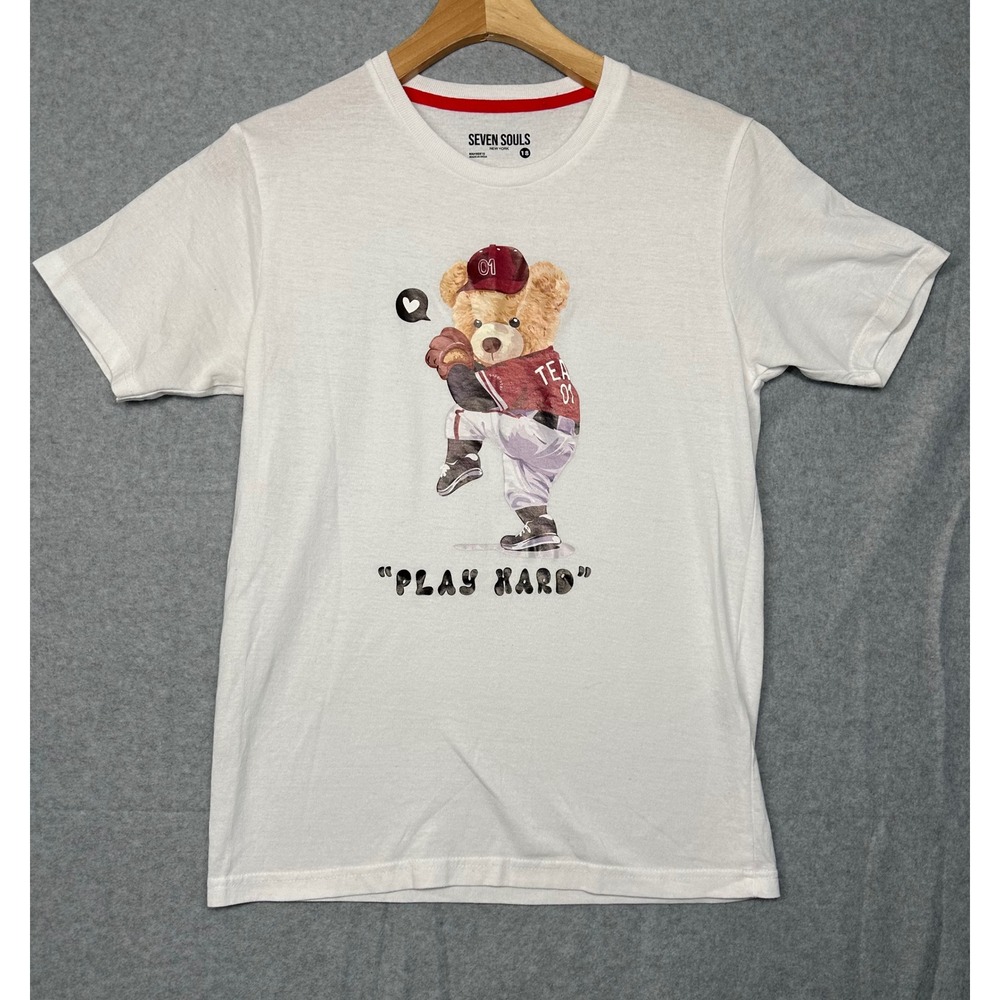 Seven Souls Kids White Graphic T Shirt Baseball‎ Bear Play Hard Size 18